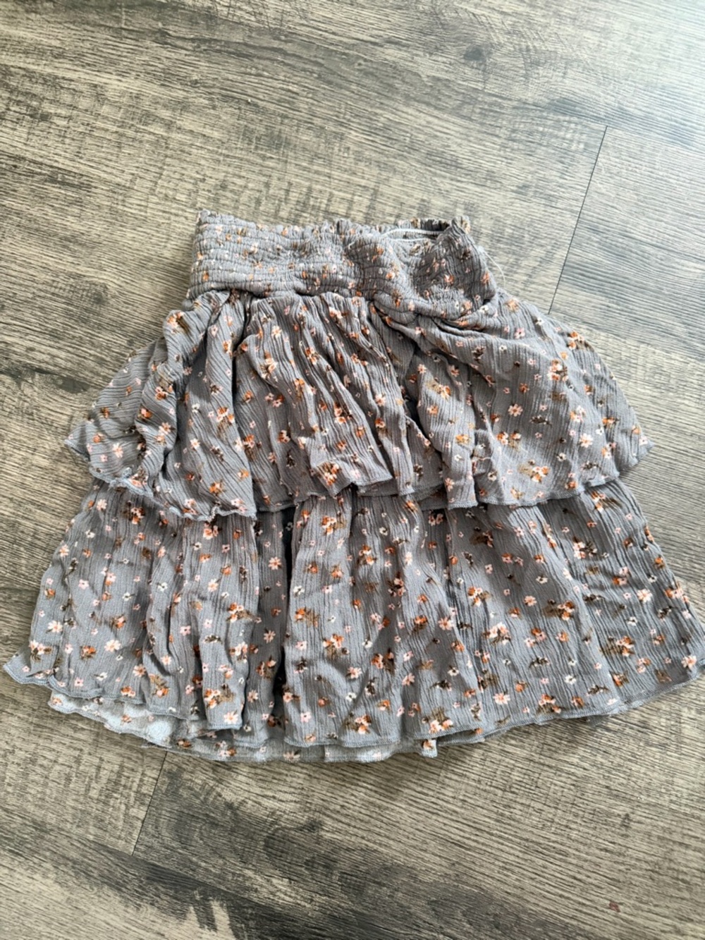 Smocked Tiered Mini Skirt in Gray with Rust Floral Print